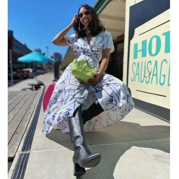 HUTCH Rosa Printed Wrap Dress Abstract Face Line Art Unique Blue White {HH51} - Picture 1 of 11